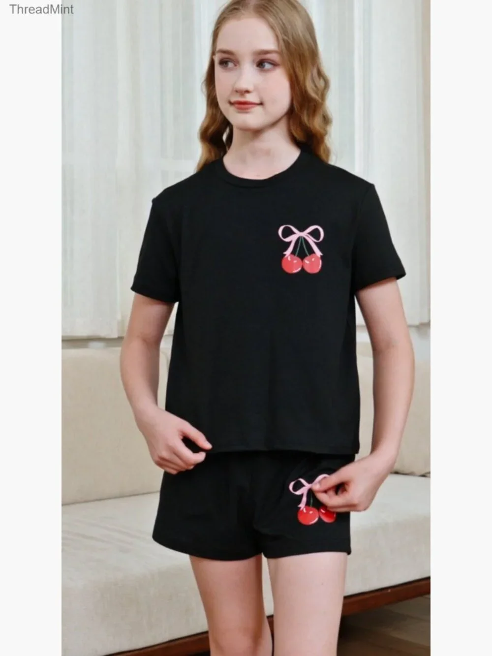 Girls 2 Piece Set Cherry Graphic Tee and Shorts Summer